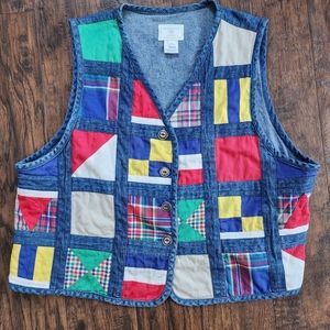 Vtg Patchwork Quilted Denim Boho 90s V-neck Vest